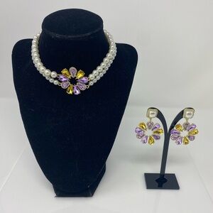 Elegant Pearl Necklace and Earring Set with Purple and Gold Accents